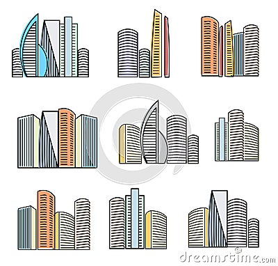 Isolated colorful high buildings icons collection, skyscrapers vector illustrations on white background. Vector Illustration