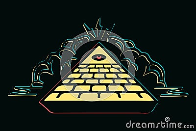 Isolated colorful masons pyramid with red eye vector illustration, Eye of Providence. Masonic symbol. All seeing eye inside Cartoon Illustration