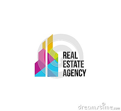 Isolated colorful real estate agency logo, house logotype on white, home concept icon,skyscraper vector illustration Vector Illustration