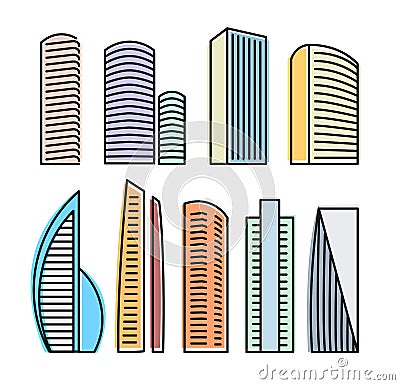 Isolated colorful skyscrapers in lineart style icons collection, elements of urban architectural buildings vector Vector Illustration