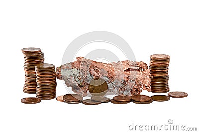 Isolated Copper Nugget and Copper Pennies Stock Photo