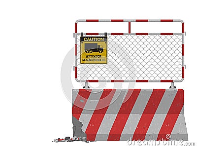 Isolated cracked barrier with warning sign on white background Vector Illustration