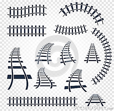 Isolated curvy and straight rails set, railway top view collection, ladder elements vector illustrations on white Vector Illustration