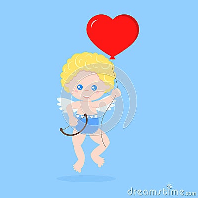 Isolated cute cupid in a floating pose with bow and red heart shape ballon Vector Illustration