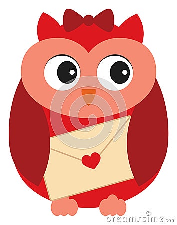 Cute Little Red Owl with Bow Holding Envelope with Heart Image. Vector Cute Owl Vector Illustration