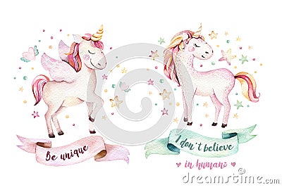 Isolated cute watercolor unicorn clipart. Nursery unicorns illustration. Princess rainbow unicorns poster. Trendy pink Cartoon Illustration