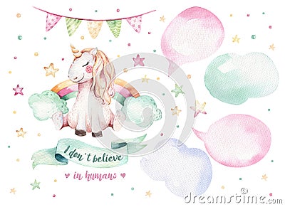 Isolated cute watercolor unicorn clipart. Nursery unicorns illustration. Princess rainbow unicorns poster. Trendy pink Cartoon Illustration