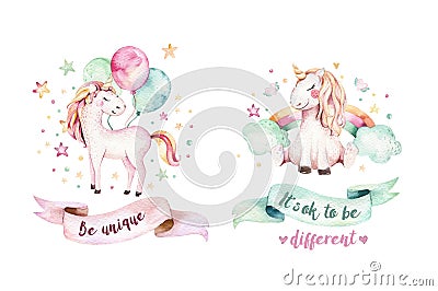 Isolated cute watercolor unicorn clipart. Nursery unicorns illustration. Princess rainbow unicorns poster. Trendy pink Cartoon Illustration