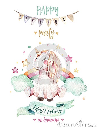Isolated cute watercolor unicorn clipart. Nursery unicorns illustration. Princess rainbow unicorns poster. Trendy pink Cartoon Illustration