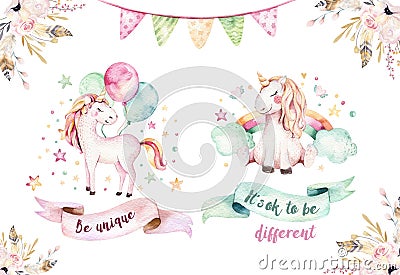 Isolated cute watercolor unicorn clipart. Nursery unicorns illustration. Princess rainbow unicorns poster. Trendy pink Cartoon Illustration