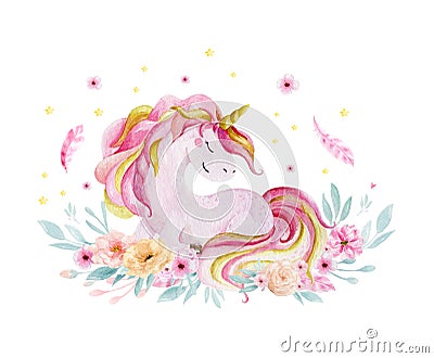 Isolated cute watercolor unicorn and flowers clipart. Nursery unicorns illustration. Princess unicorns poster. Trendy Cartoon Illustration