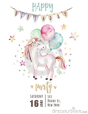 Isolated cute watercolor unicorn invitation card. Nursery unicorns illustration. Princess rainbow unicorns poster Cartoon Illustration