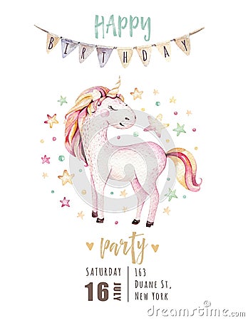 Isolated cute watercolor unicorn invitation card. Nursery unicorns illustration. Princess rainbow unicorns poster Cartoon Illustration