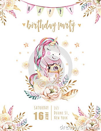 Isolated cute watercolor unicorn invitation card. Nursery unicorns illustration. Princess rainbow unicorns poster Cartoon Illustration