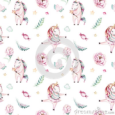 Isolated cute watercolor unicorn pattern. Nursery magic unicorns aquarelle. Princess miracle unicorns collection. Trendy Stock Photo