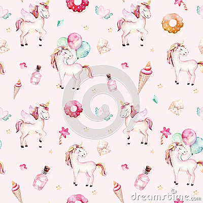 Isolated cute watercolor unicorn pattern. Nursery rainbow unicorns aquarelle. Princess unicornscollection. Trendy pink Stock Photo