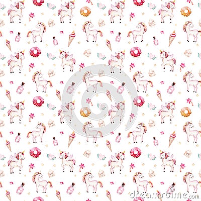 Isolated cute watercolor unicorn pattern. Nursery rainbow unicorns aquarelle. Princess unicornscollection. Trendy pink Stock Photo