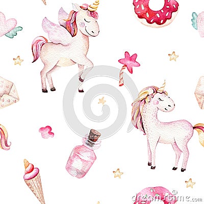 Isolated cute watercolor unicorn pattern. Nursery rainbow unicorns aquarelle. Princess unicornscollection. Trendy pink Stock Photo