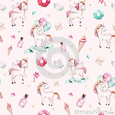 Isolated cute watercolor unicorn pattern. Nursery rainbow unicorns aquarelle. Princess unicornscollection. Trendy pink Stock Photo