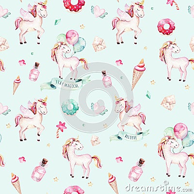 Isolated cute watercolor unicorn pattern. Nursery rainbow unicorns aquarelle. Princess unicornscollection. Trendy pink Stock Photo