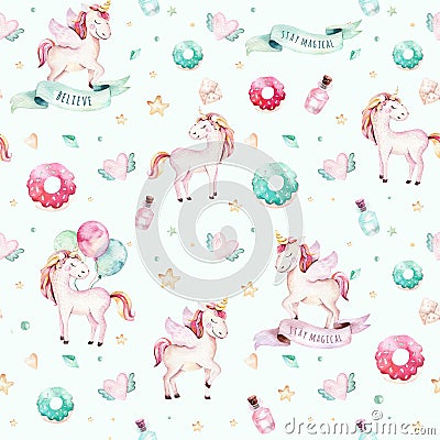 Isolated cute watercolor unicorn pattern. Nursery rainbow unicorns aquarelle. Princess unicornscollection. Trendy pink Stock Photo