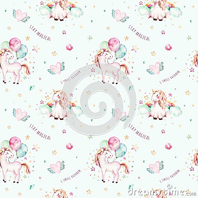 Isolated cute watercolor unicorn pattern. Nursery rainbow unicorns aquarelle. Princess unicornscollection. Trendy pink Stock Photo