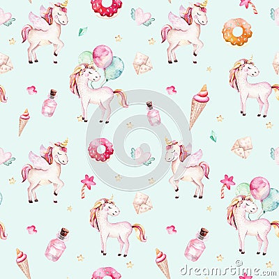 Isolated cute watercolor unicorn pattern. Nursery rainbow unicorns aquarelle. Princess unicornscollection. Trendy pink Stock Photo