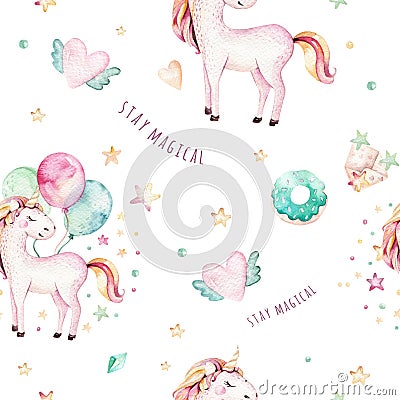 Isolated cute watercolor unicorn pattern. Nursery rainbow unicorns aquarelle. Princess unicornscollection. Trendy pink Stock Photo