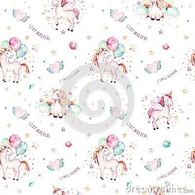 Isolated cute watercolor unicorn pattern. Nursery rainbow unicorns aquarelle. Princess unicornscollection. Trendy pink Stock Photo