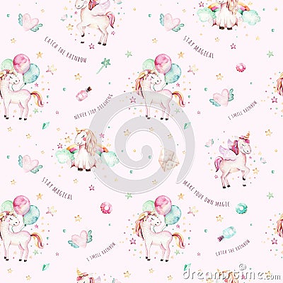 Isolated cute watercolor unicorn pattern. Nursery rainbow unicorns aquarelle. Princess unicornscollection. Trendy pink Stock Photo