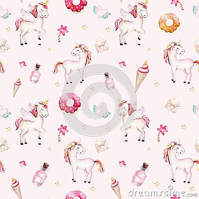 Isolated cute watercolor unicorn pattern. Nursery rainbow unicorns aquarelle. Princess unicornscollection. Trendy pink Stock Photo