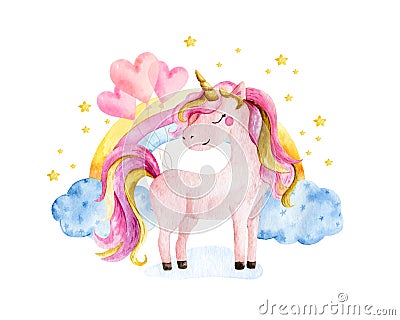 Isolated cute watercolor unicorn and rainbow clipart. Nursery unicorns illustration. Princess unicorns poster. Trendy Cartoon Illustration