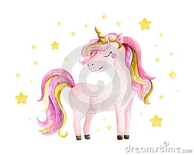 Isolated cute watercolor unicorn and stars clipart. Nursery unicorns illustration. Princess unicorns poster. Trendy pink Cartoon Illustration