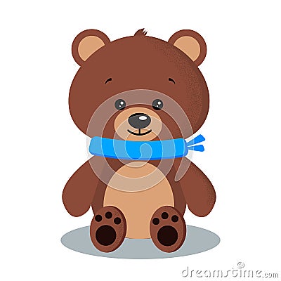Isolated cute winter brown bear in blue scarf on white background in cartoon flat style Vector Illustration