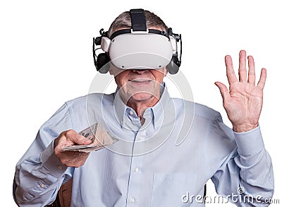 Cybercrime in the metaverse with senior man paying a ransom Stock Photo