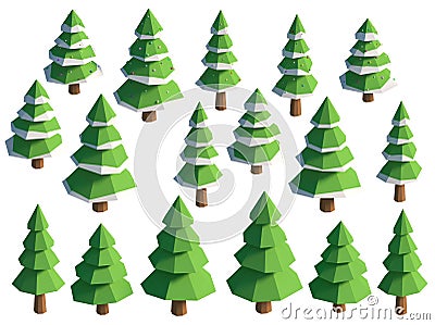 Isometric set of green fir trees decorated with snow toys. Isolated 3d illustration of Christmas trees, isometric view. Cartoon Illustration