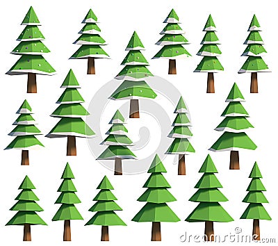Isometric set of green fir trees decorated with snow toys. Isolated 3d illustration of Christmas trees, isometric view. Cartoon Illustration
