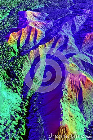 Isolated 3D LiDAR scan model displaying a mountainous terrain with elevation levels color-coded for easy analysis. Stock Photo