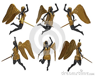 Isolated 3d render illustration of black marble and golden warrior angel flying Cartoon Illustration