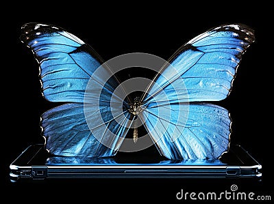 Isolated 3D rendering of a foldable smartphone folding on the longer side with a butterfly image on the screen. Stock Photo