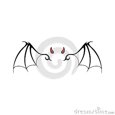 Isolated demon wings with horns tattoo. Fantasy devil logo. Black vampire sign. Hell bat pattern Vector Illustration