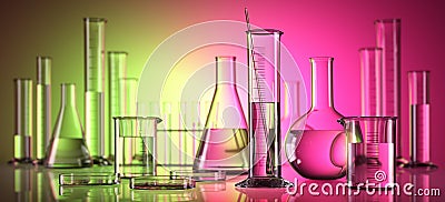 Isolated different laboratory glassware with colored liquids Cartoon Illustration