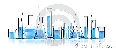 Isolated different laboratory glassware with colored liquids Cartoon Illustration