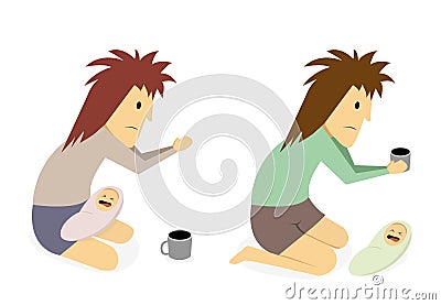 Isolated disabled beggar with baby on white, art Vector Illustration