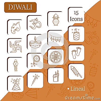 Isolated Diwali Lineal Icons Set Against Orange And White Stock Photo