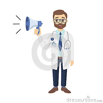 Isolated doctor with loudspeaker. Vector Illustration