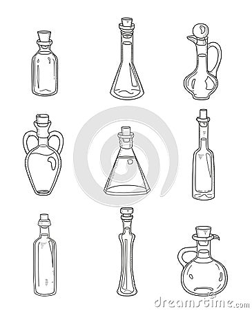 9 isolated doodle bottles. Sketchy hand drawn set Vector Illustration