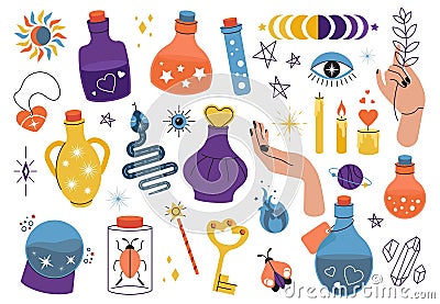 Isolated doodle magic elements. Witchcraft mystical icons, witch crystal globe and potion. Wizard snake, amulet and Vector Illustration