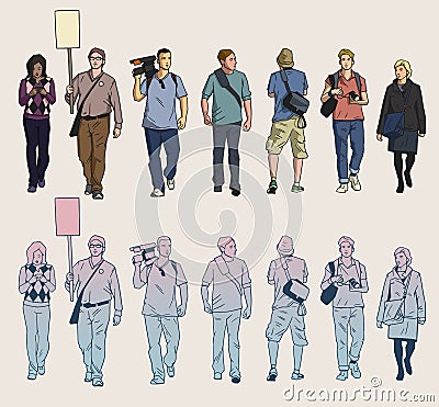 Isolated drawings of protesters and cameramen Vector Illustration