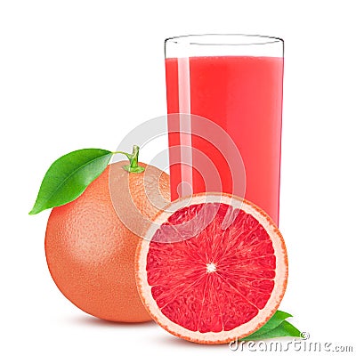 Isolated drink. Glass of juice and cut pink grapefruit isolated on white background Stock Photo